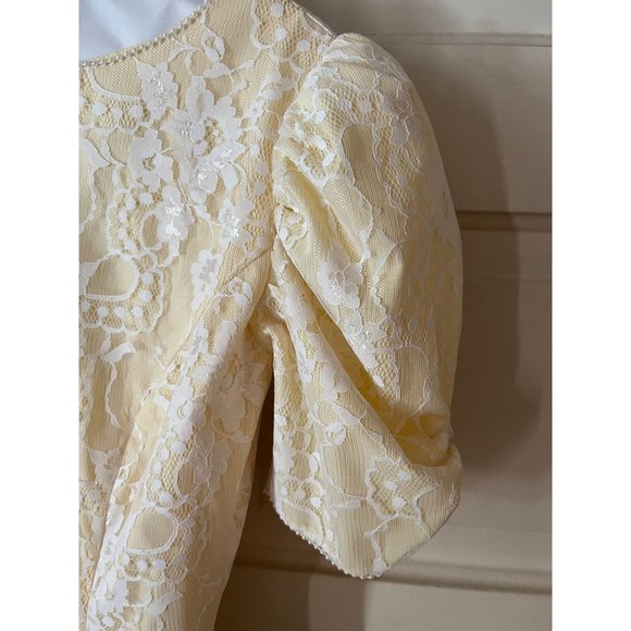 60s-70s Vintage Formal Yellow Beaded Bodice Midi Dress with Bow - Picture 11 of 12